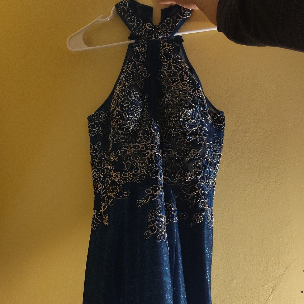 JVN by Jovani Navy Floral Halter Dress